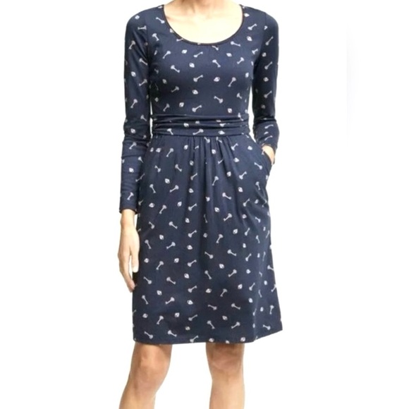 Boden Mabel Key & Lock Printed Ruched Waist Jersey Knee Length Navy Dress - Picture 2 of 8